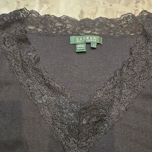 Lauren Ralph Lauren Black Ribbed Long Sleeve Lace V-Neck Top L Cotton Stretch